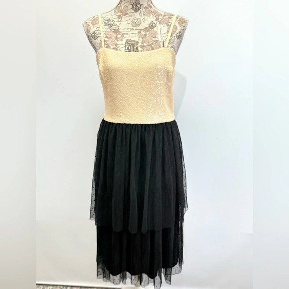 DRESS THE POPULATION Cream sequin KADY w/black tulle skirt cocktail dress size L - Picture 2 of 13
